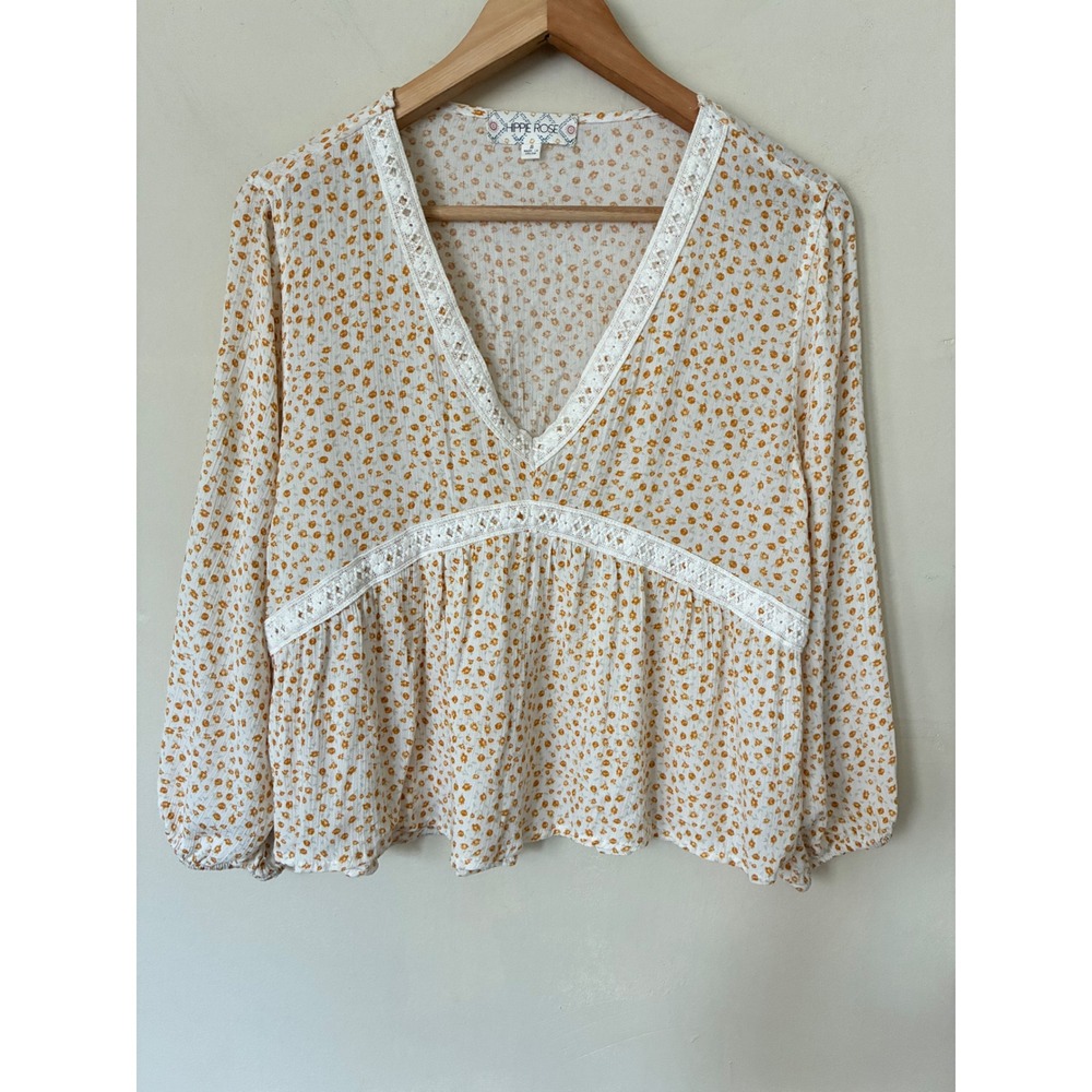 Hippie Rose Boho Cottagecore Floral Lace Trim Peplum Blouse White Yellow S